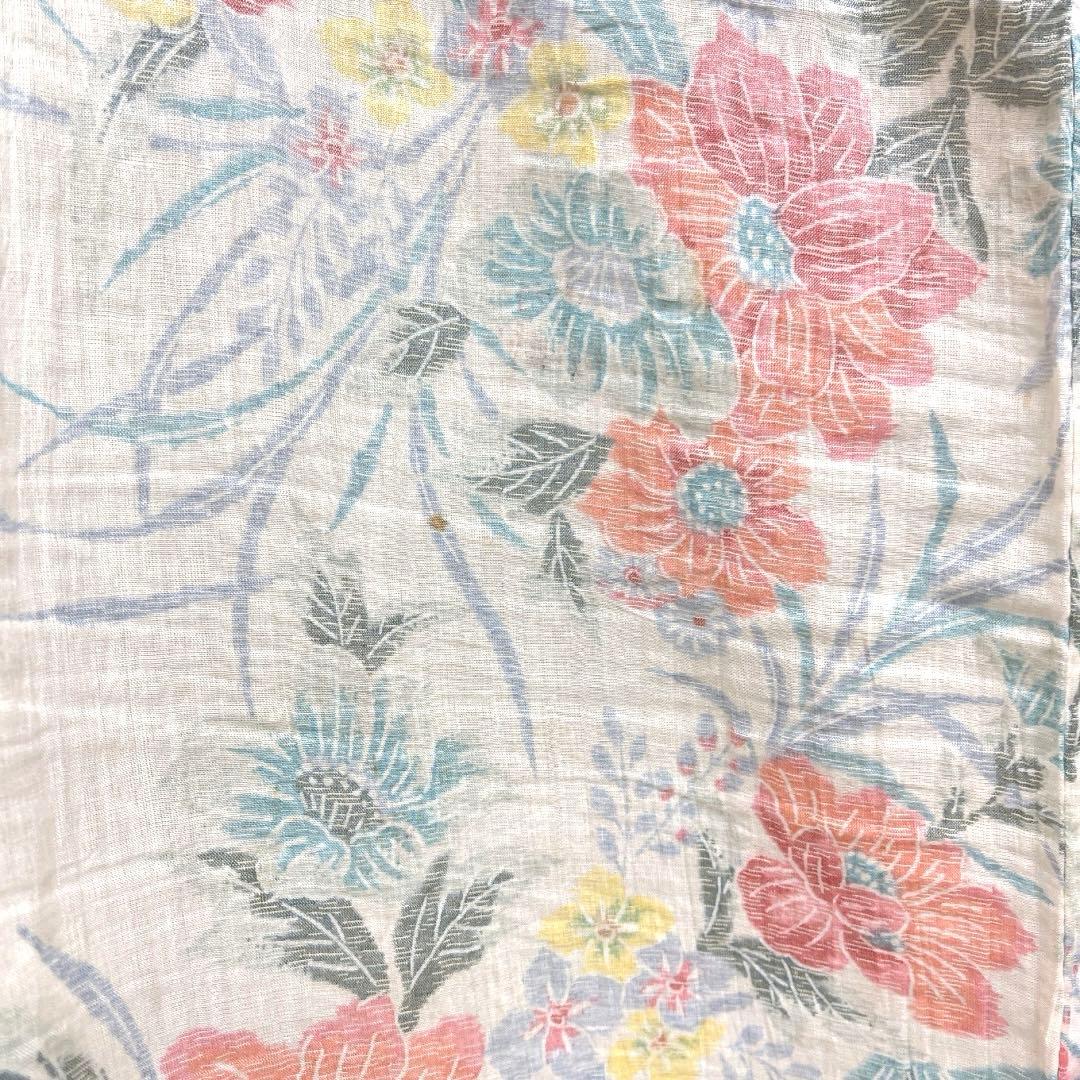小紋　小千谷ちぢみ　麻　花模様　菊　牡丹　オフホワイト　着物　074a d