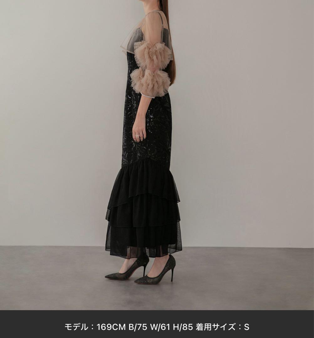 新品　フラワースパンコールチュールフリルスリーブIラインワンピースドレス