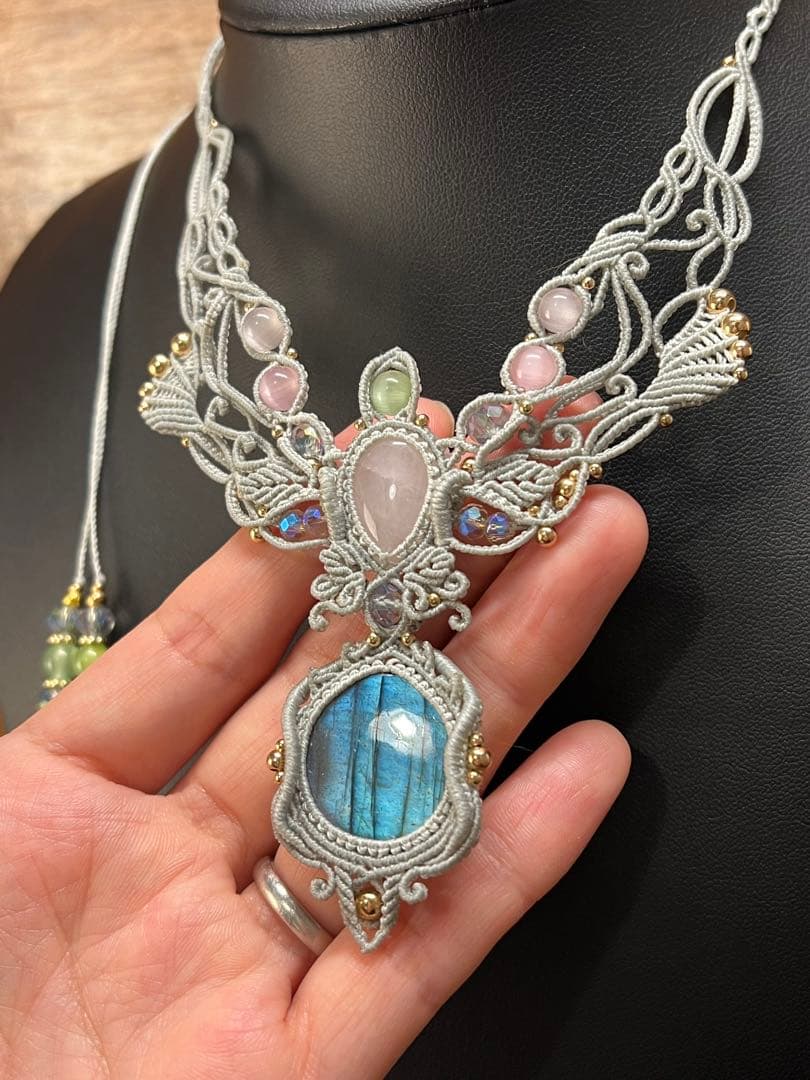 handmade】マクラメ× ラブラドライト&ローズクォーツ ネックレス