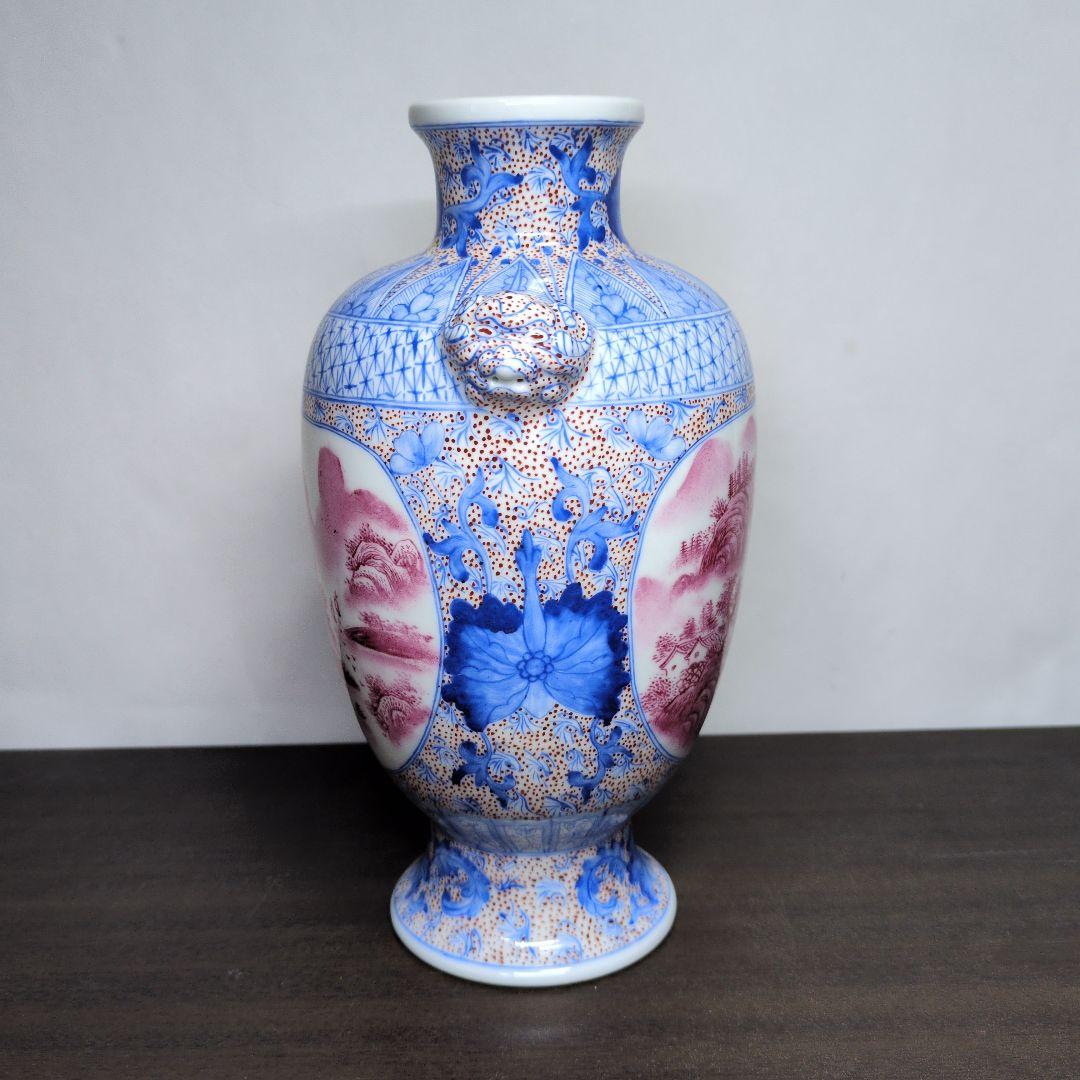 居仁堂製 色絵 窓絵 山水文 獣耳付 瓶 高さ約24.5cm