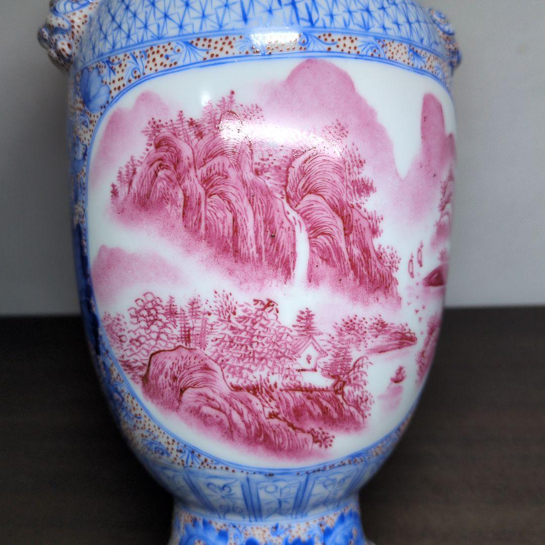 居仁堂製 色絵 窓絵 山水文 獣耳付 瓶 高さ約24.5cm