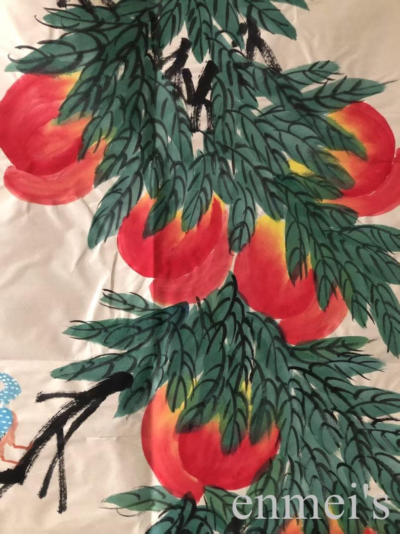 中国古美術・桃図三尺画芯・斉白石印款・水墨彩色画・純手描き・文房