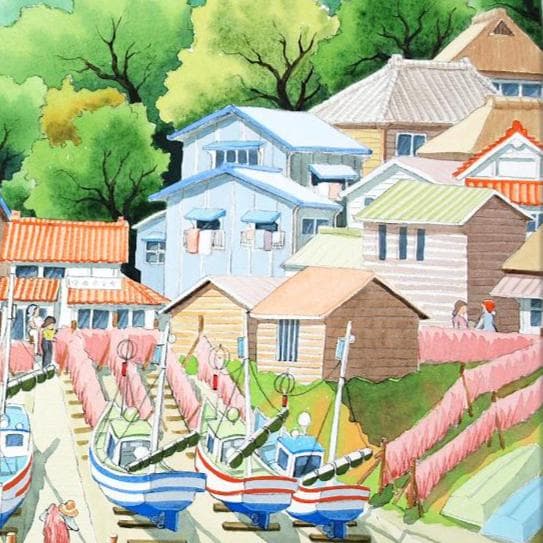 絵画「漁港～ エビ網を干す」　水彩画