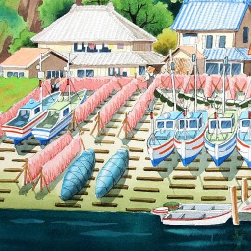 絵画「漁港～ エビ網を干す」　水彩画