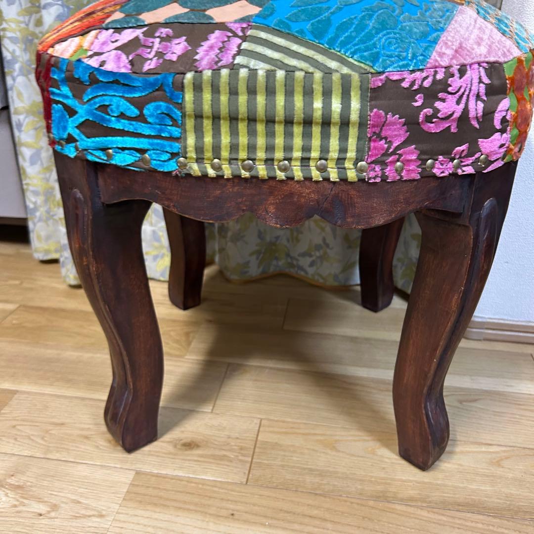 北欧 木製 スツールパッチワーク アンティーク調 チェアー