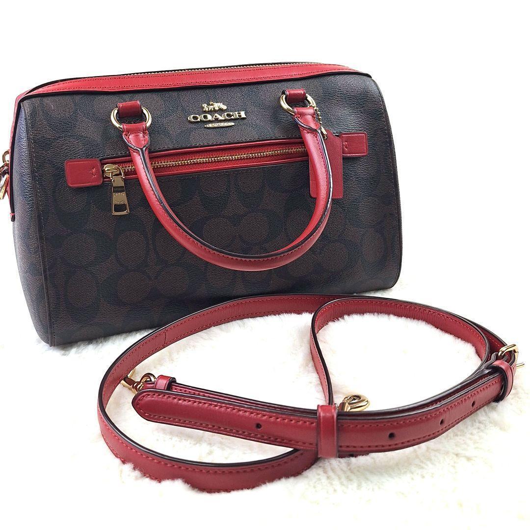 美品　コーチ ローアン サッチェル シグネチャー 2way ショルダーバッグ 赤