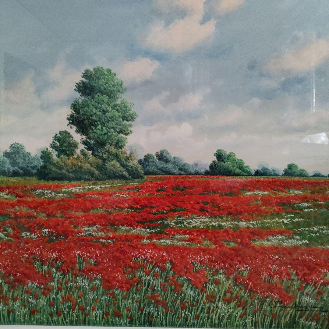 油彩画 Ottorino Campagnari『ポピーフィールド』直筆サイン入
