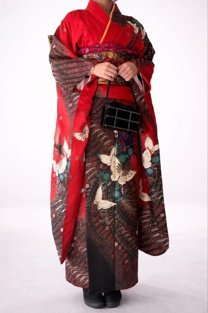 逸品 振袖7点フルセット 金駒刺繍 成人式 謝恩会 卒業式 黒地 ピンク