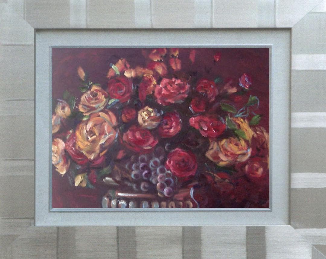 油絵 菅家令子 絵 絵画 インテリア 額付(黒) uF6-113802 花 ばら