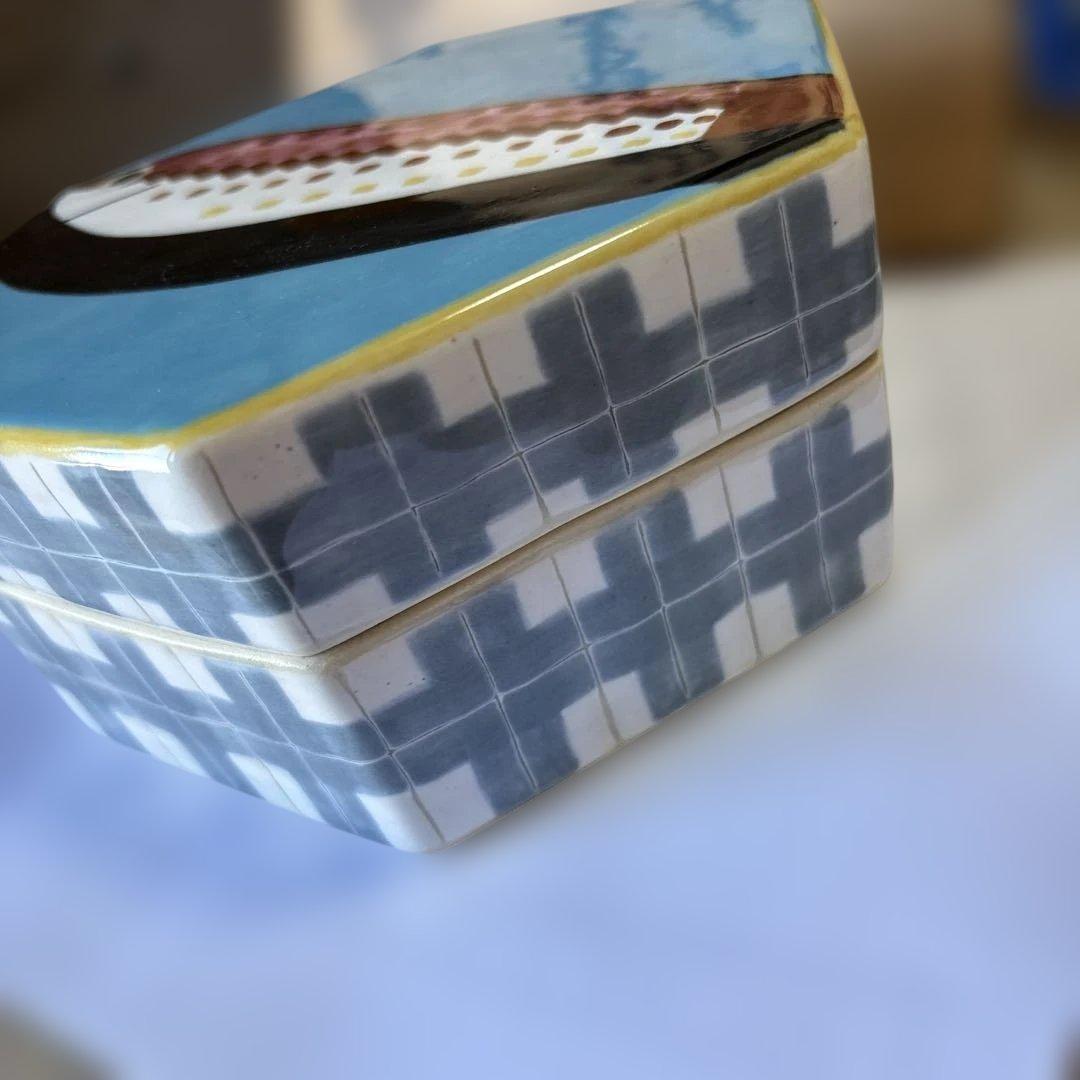 京焼 徳力孫三郎 彩画魚文陶箱 蓋物　共箱