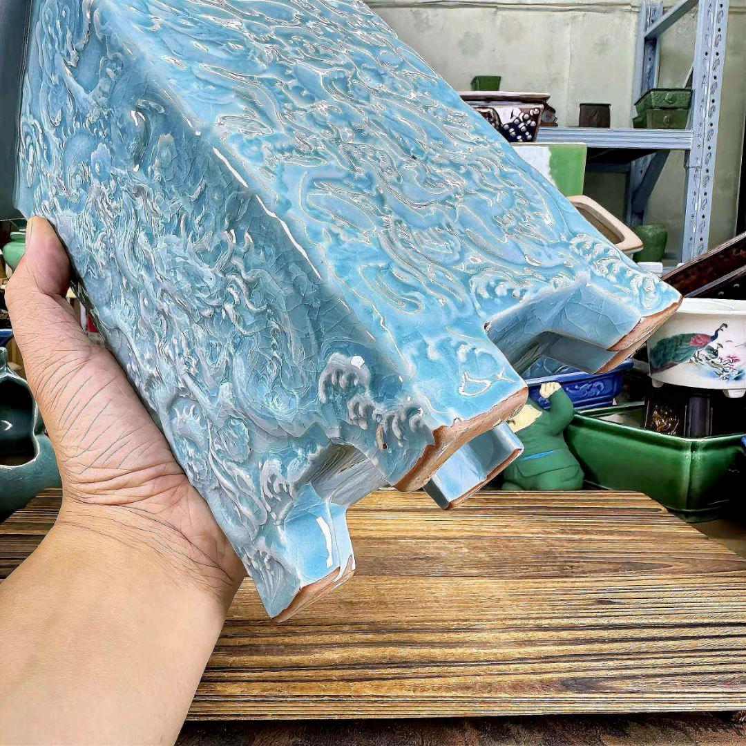 レリーフ竜四角盆栽鉢 青磁鉢 山野草鉢 多肉植物 植木鉢 小品大品陶器