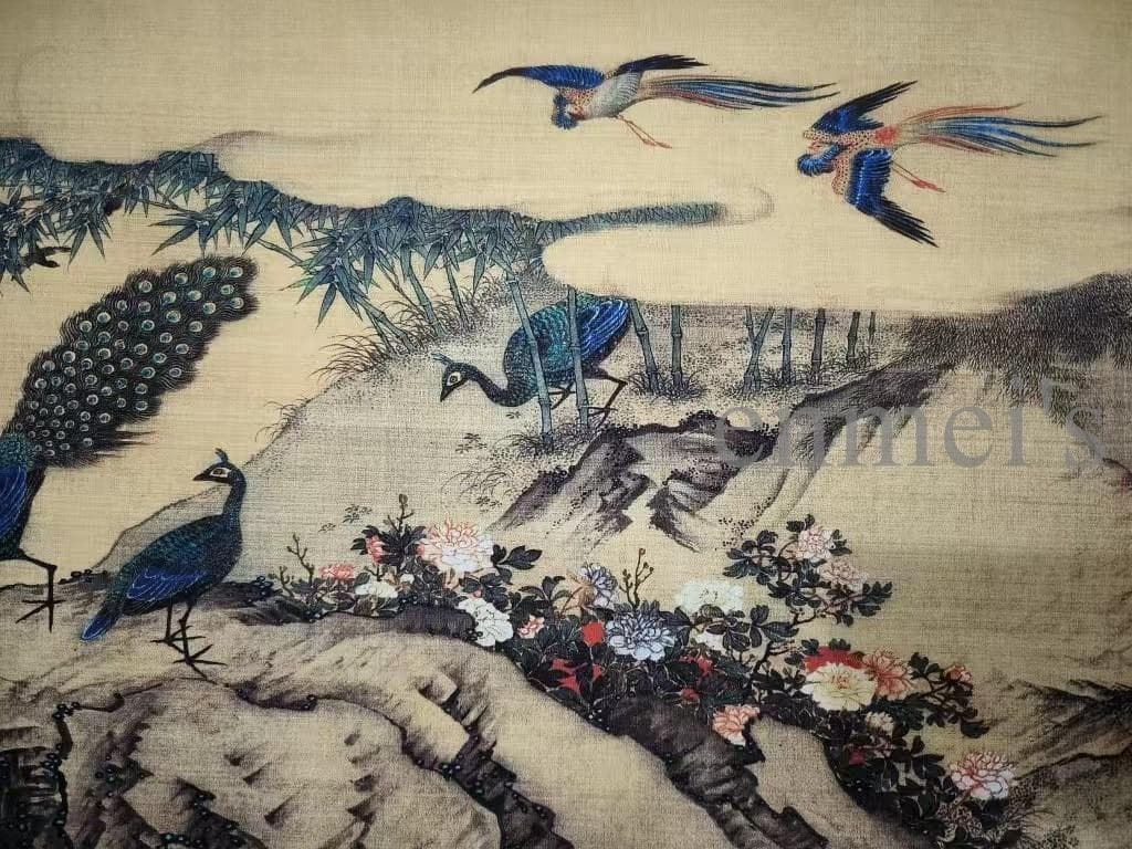 中国古美術 沈銓作款 百鳥朝鳳図 水墨画 手絵絹本