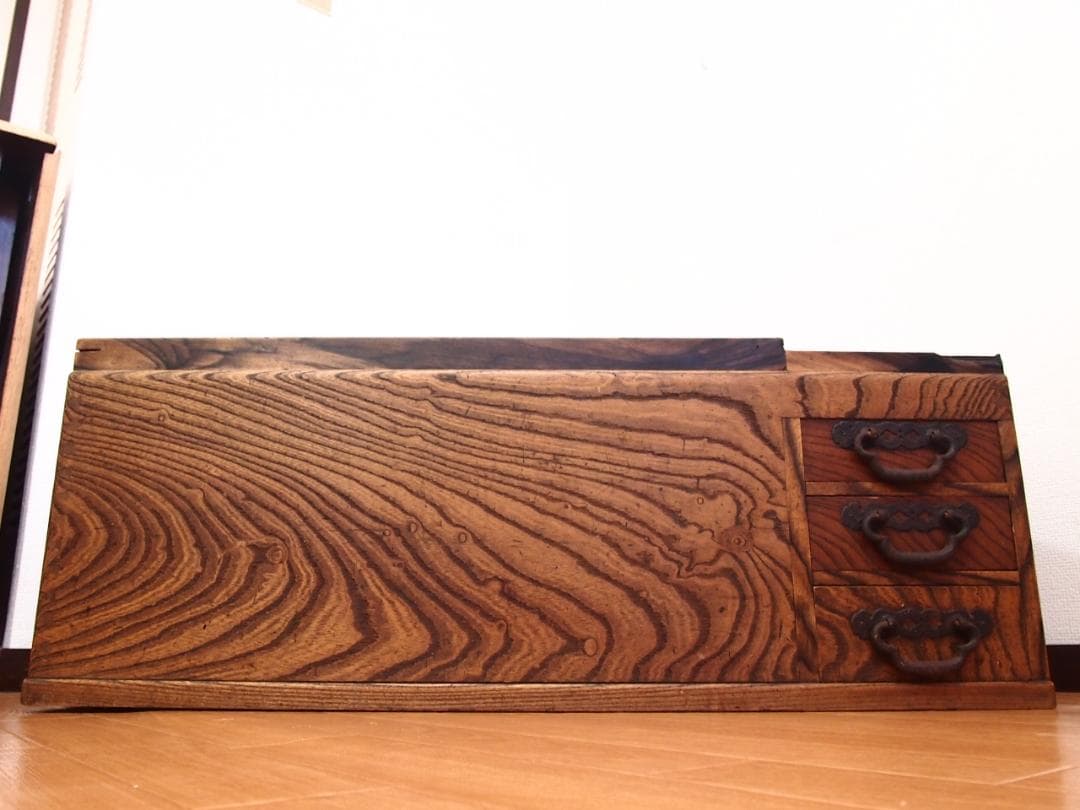 骨董・良品】欅と黒柿の関東長火鉢 民芸金具 玉杢 古道具/古民具