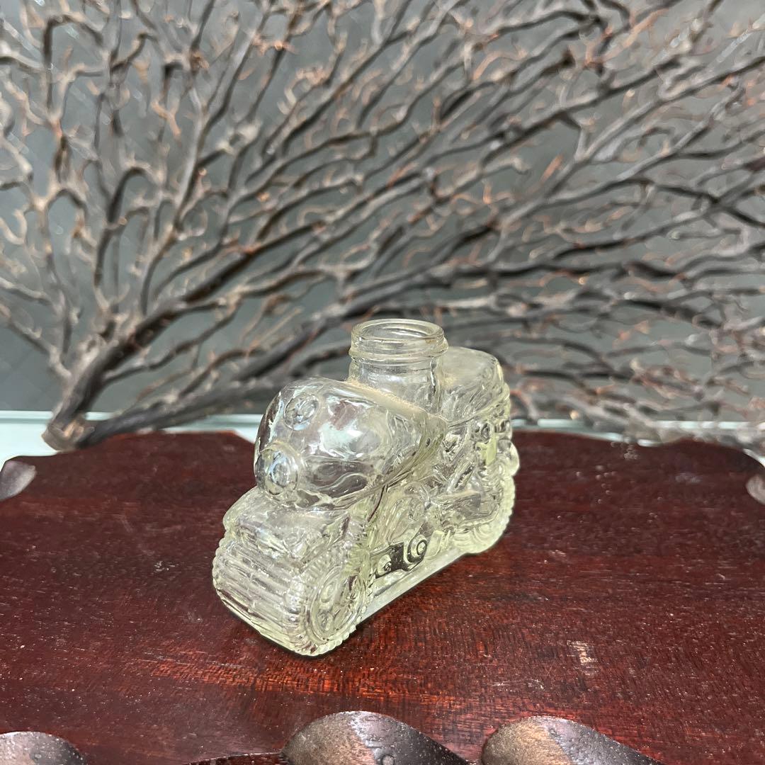 骨董 レトロガラス 時代 金平糖瓶 菓子瓶 バイク 単車 エンボス ウラン