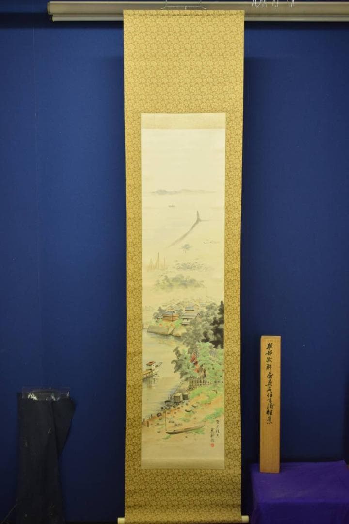 真作/服部黙耕/桑名住吉浦佳景図/桐題箱付/布袋屋掛軸HE-373