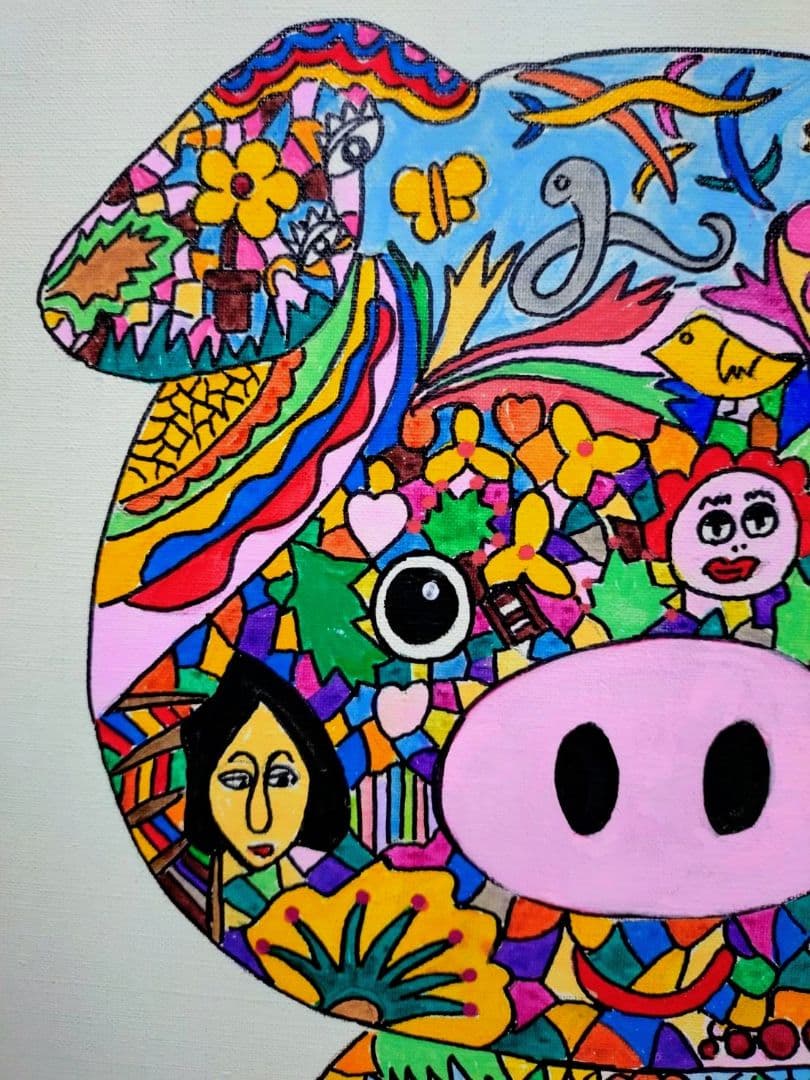 【F6号】ジミー大西【Pig】手描き作品/表裏サイン/油彩/アクリル/絵画/額縁