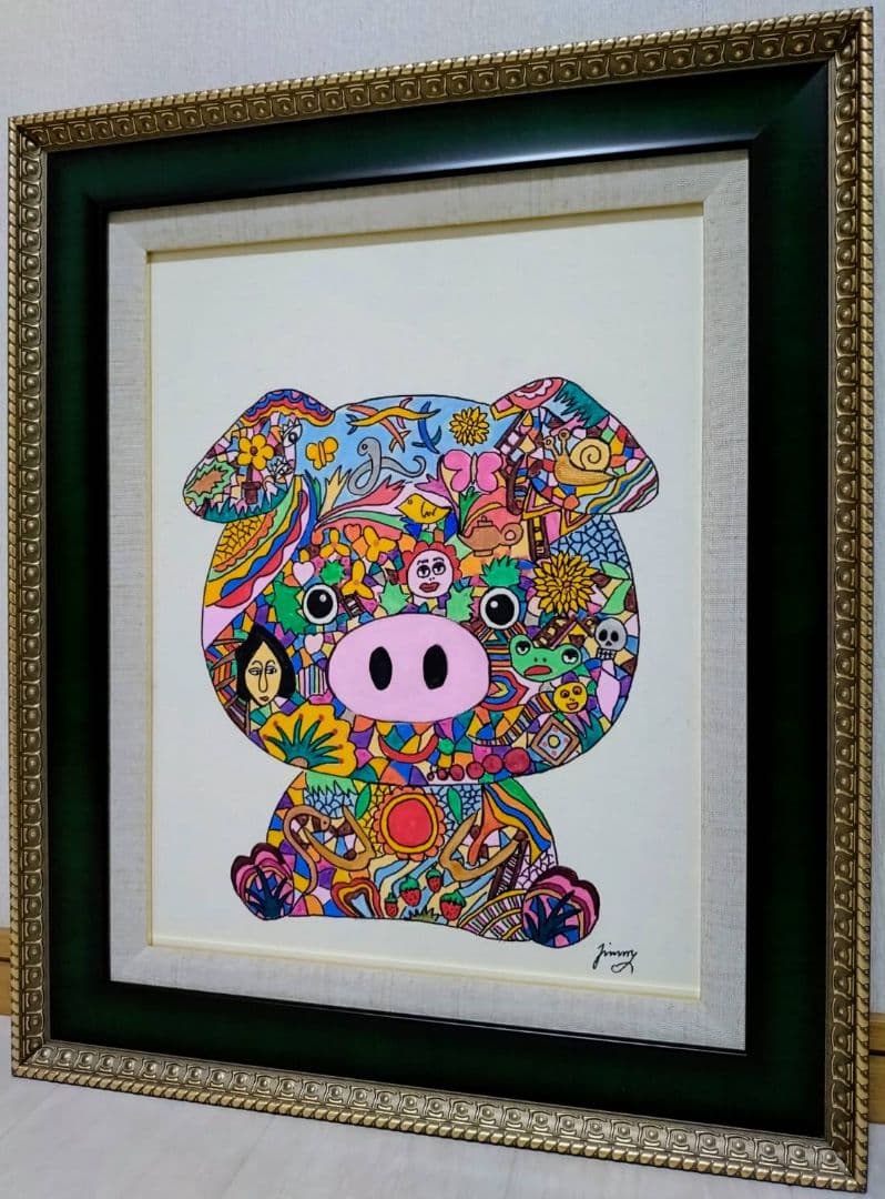 【F6号】ジミー大西【Pig】手描き作品/表裏サイン/油彩/アクリル/絵画/額縁
