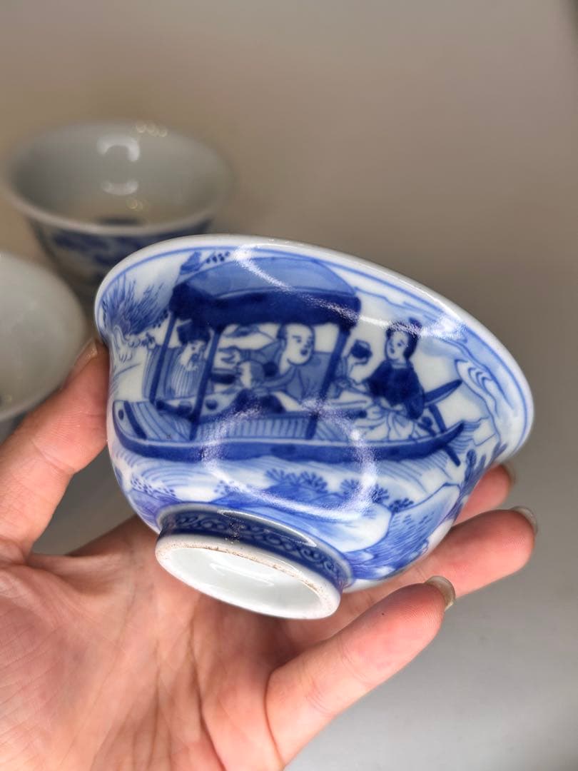 清時代　青花　染付　人物泛舟文　盃　三点組　詩文有　中国古美術