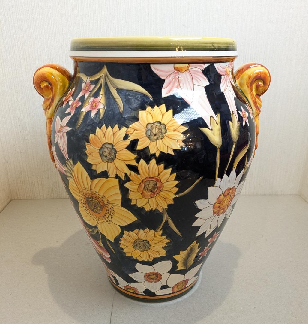 イタリア製】 ハンドペイント フラワーベース 壷 花瓶 陶器製 双耳花瓶