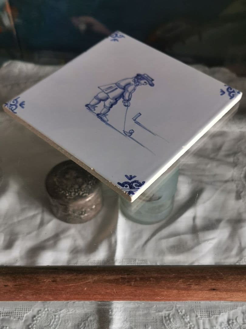 ヴィンテージ/アンティーク デルフト焼タイル コバルト手描 ゴルフ