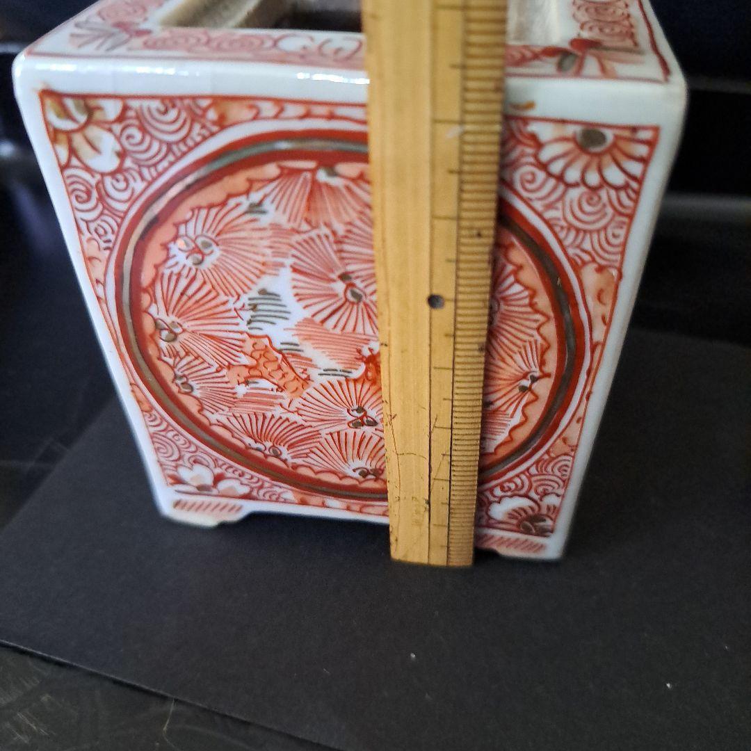 九谷　超極上　吉田窯　角形四面香炉　赤二重角福　　金彩赤絵　細密四面　獅子蓋付き