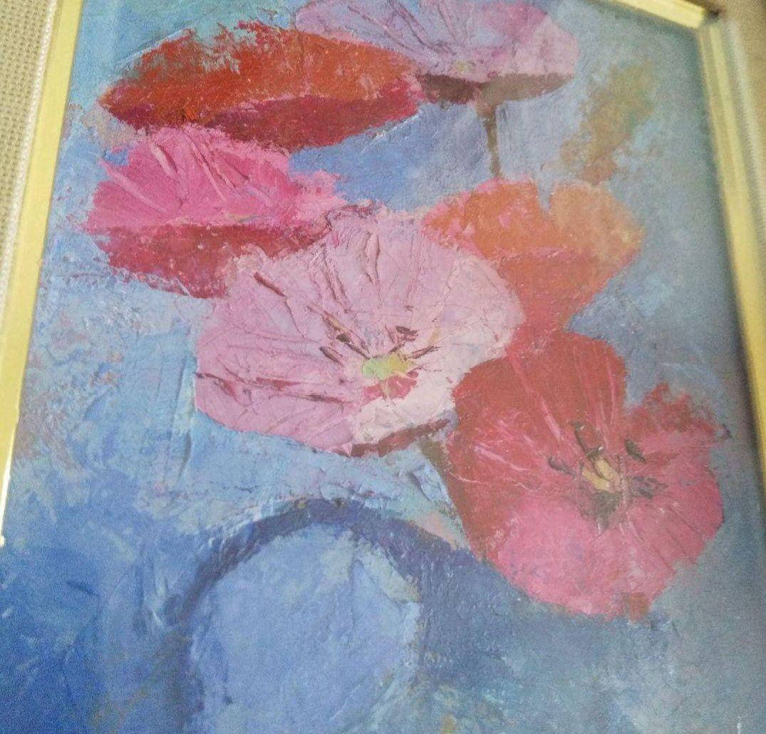 額付き‼️ 油絵 紺野八郎 「 水差しのポピー」