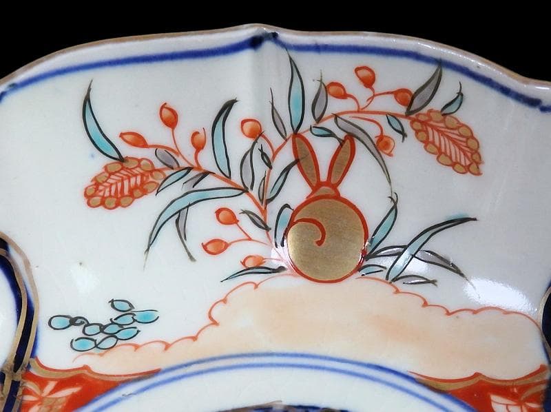 古伊万里 色絵 窓絵獅子 秋草に兎の図 膾皿 5客 D049AS-