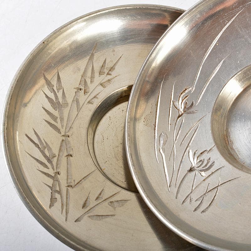 煎茶道具　古錫　錫仙製　彫金四君子刻絵変　茶托　五客　約341g　V　R5497