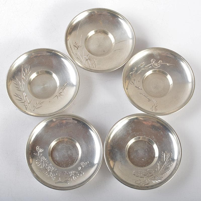 煎茶道具　古錫　錫仙製　彫金四君子刻絵変　茶托　五客　約341g　V　R5497