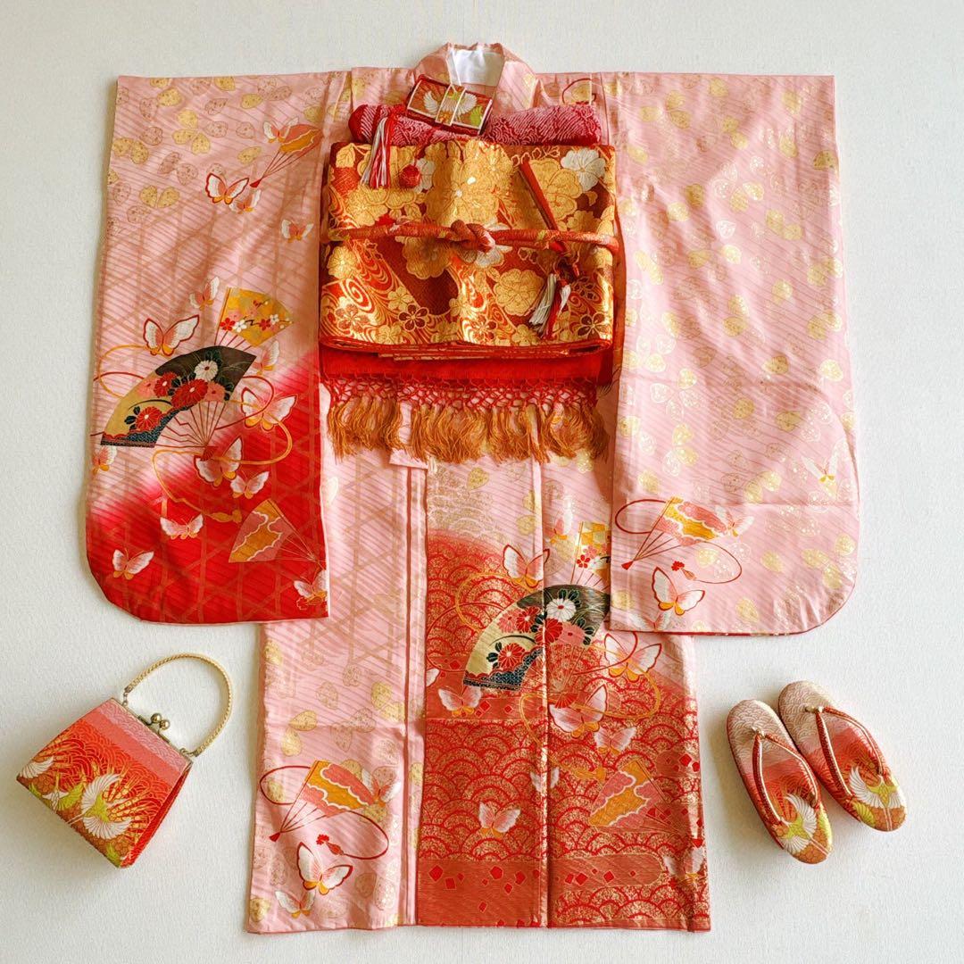 フルセット　七五三７歳女の子ピンク地　桜扇蝶　オレンジ袋帯　絹長襦袢7123