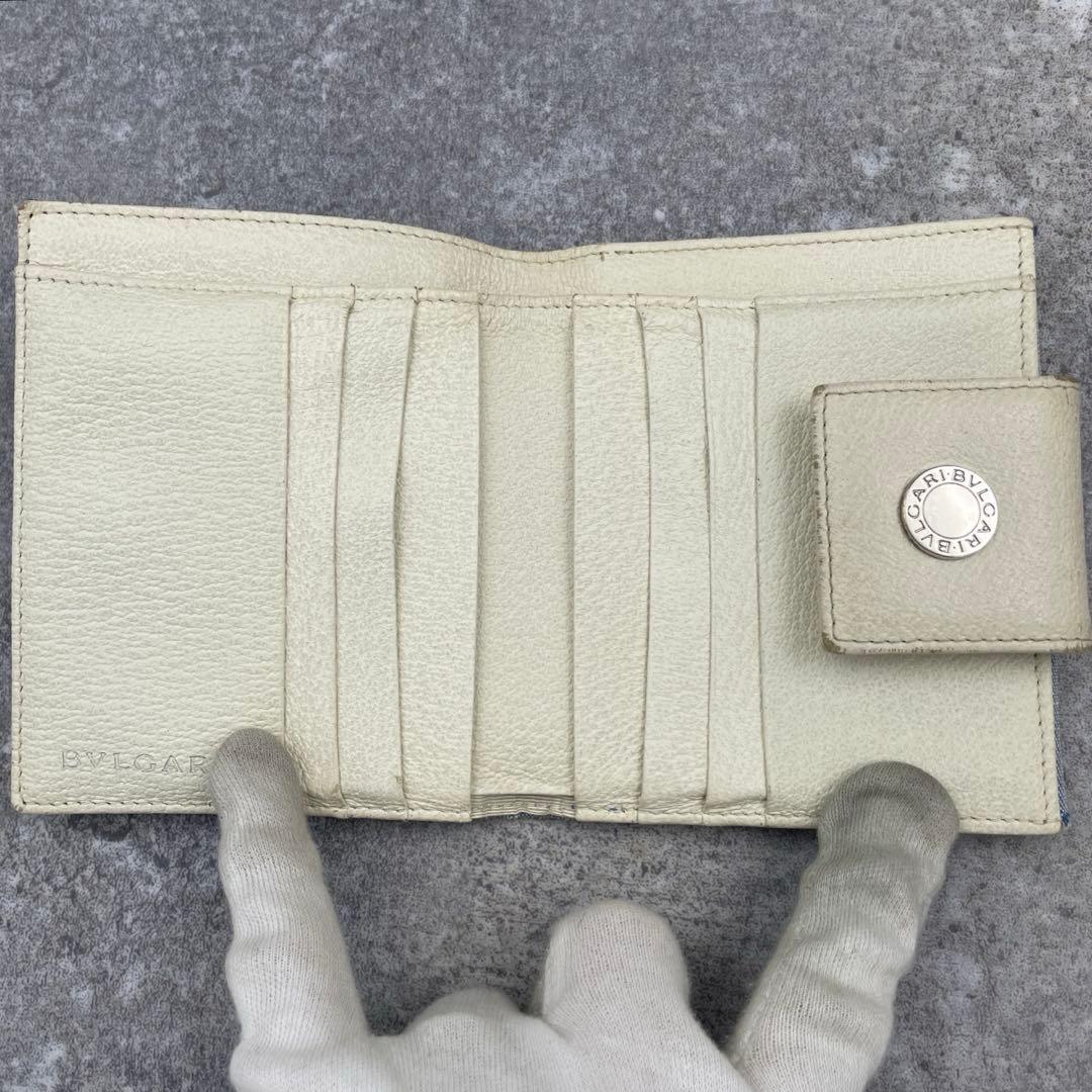 【微美品】BVLGARI ブルガリ 折り財布 総柄 ブルー レザー キャンバス