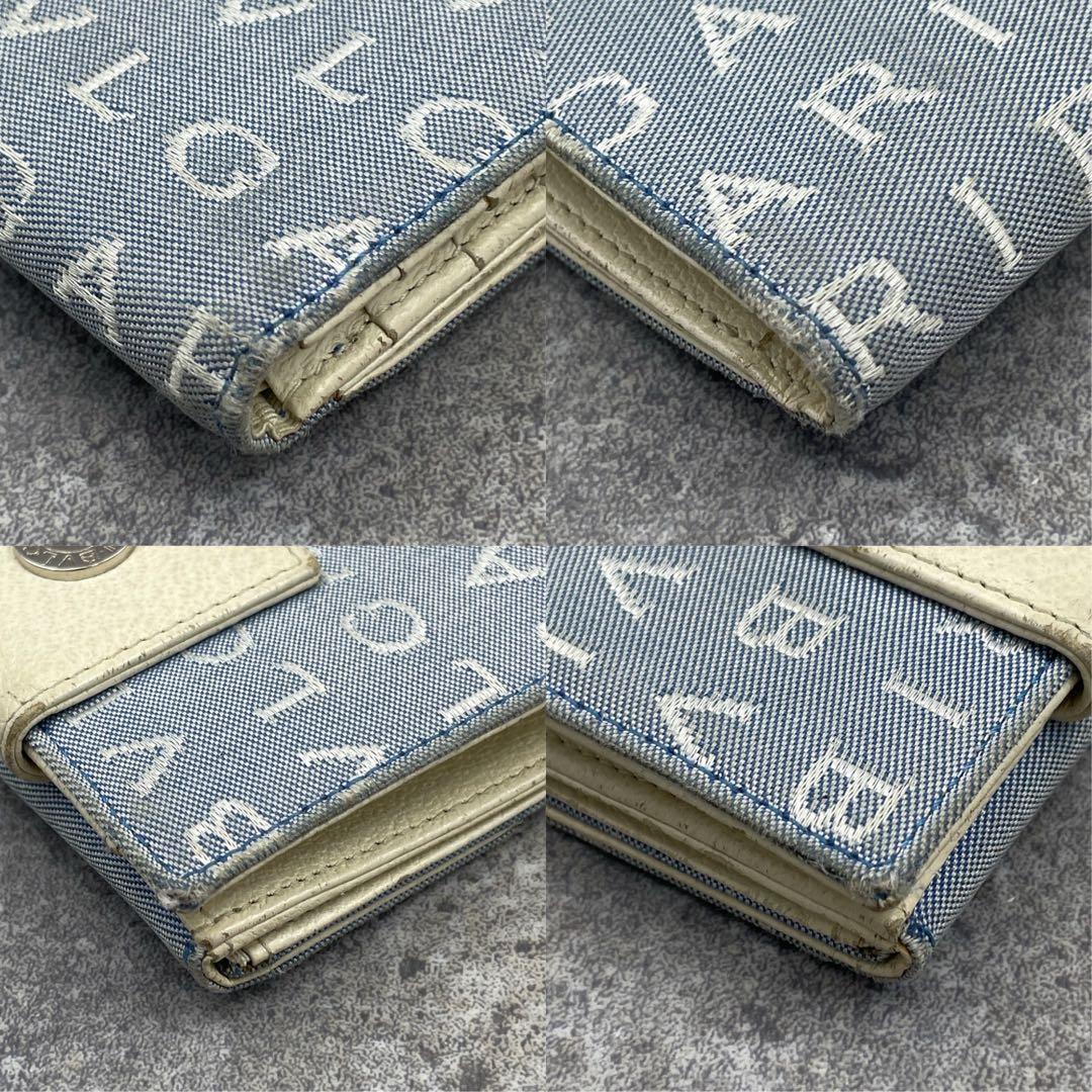 【微美品】BVLGARI ブルガリ 折り財布 総柄 ブルー レザー キャンバス