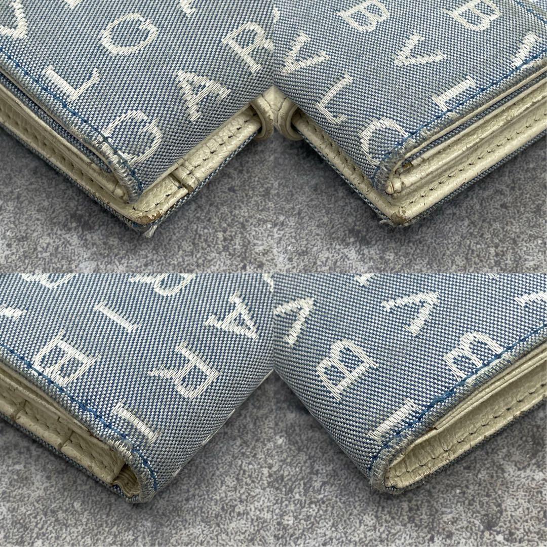 【微美品】BVLGARI ブルガリ 折り財布 総柄 ブルー レザー キャンバス