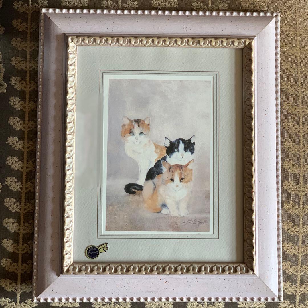 新品ドマンイタリア製インテリアアート額装複製画水彩画クロシロ猫ハチワレ茶白猫の絵