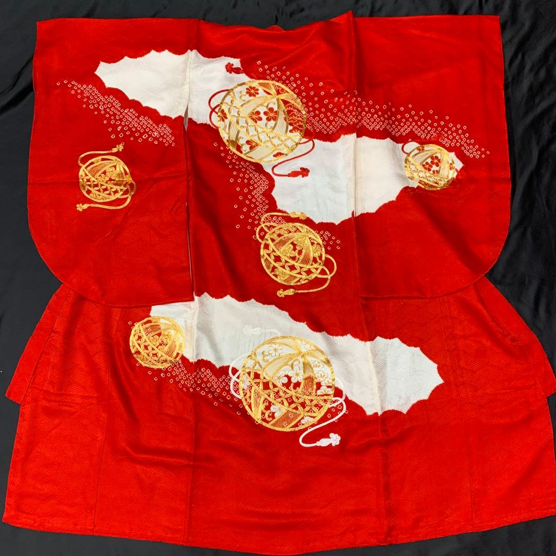 509agu10□七五三 三歳 女の子 着物&被布 金駒刺繍 鞠□美品