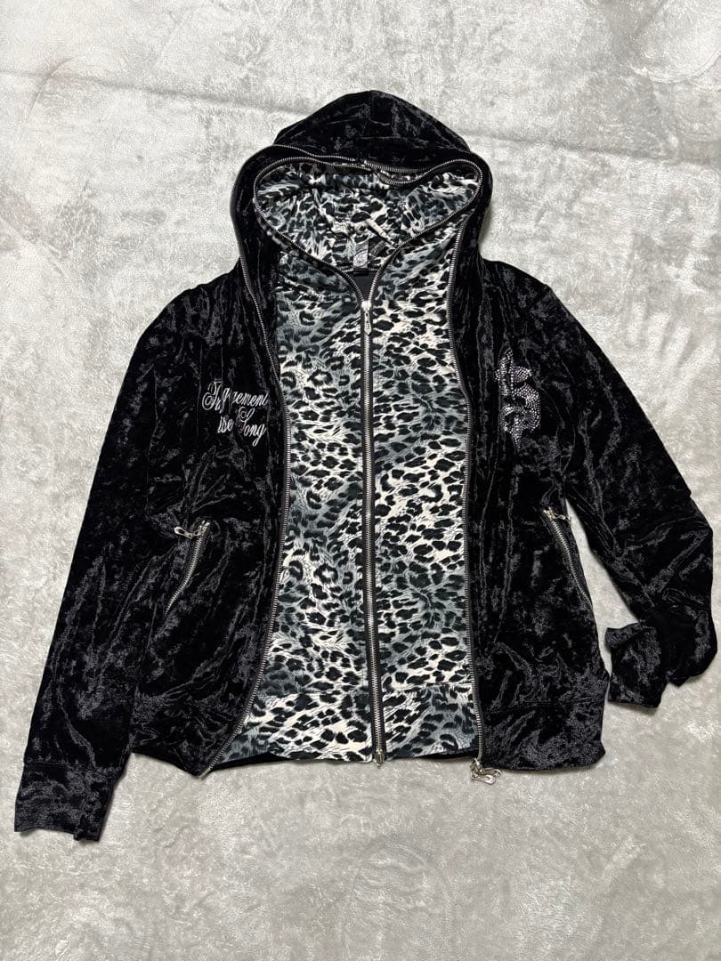 y2k 平成ギャル　ベロア　パーカー　ラインストーン　豹柄　お兄　重ね着
