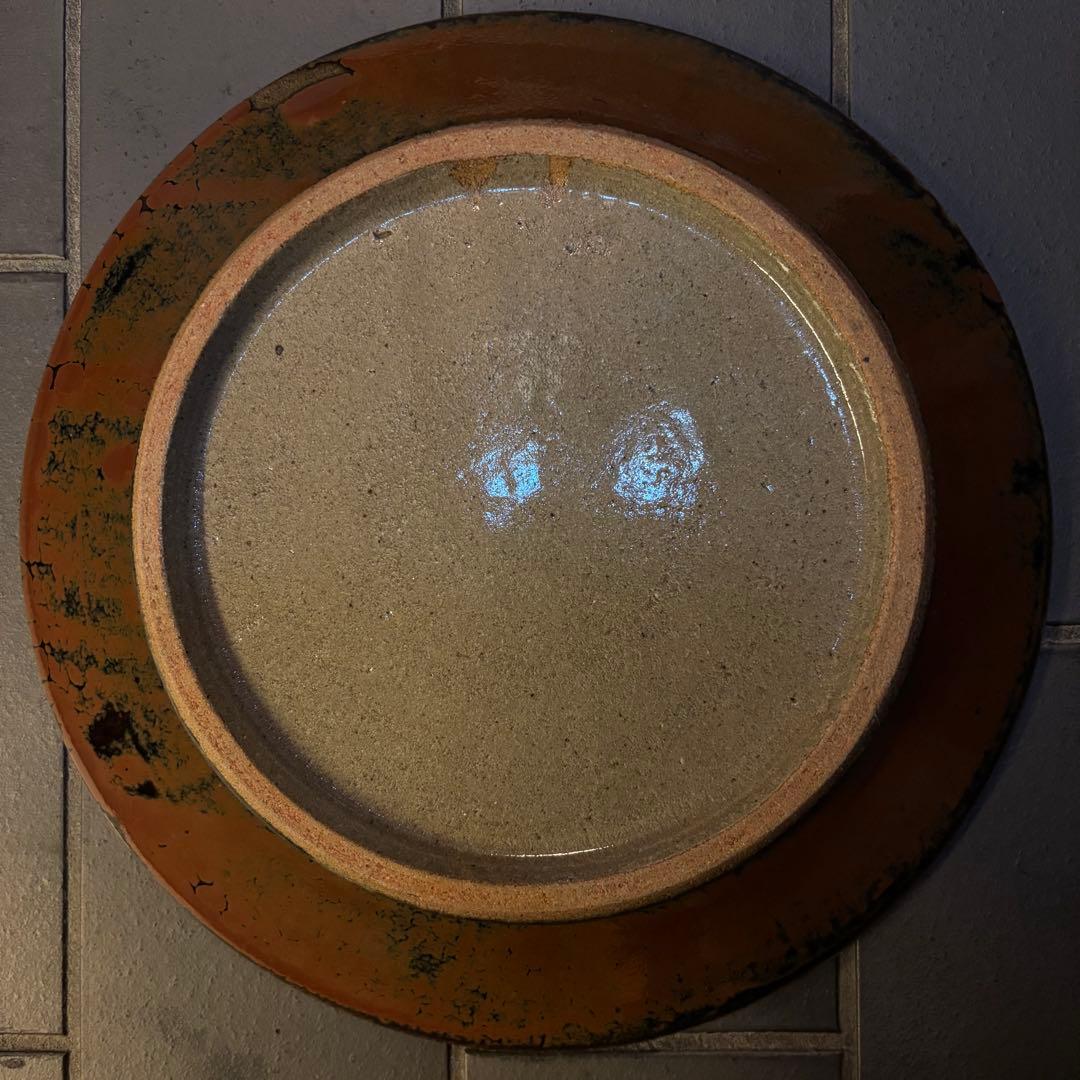 益子焼 濱田晋作 浜田晋作 柿釉抜絵皿 飾り皿