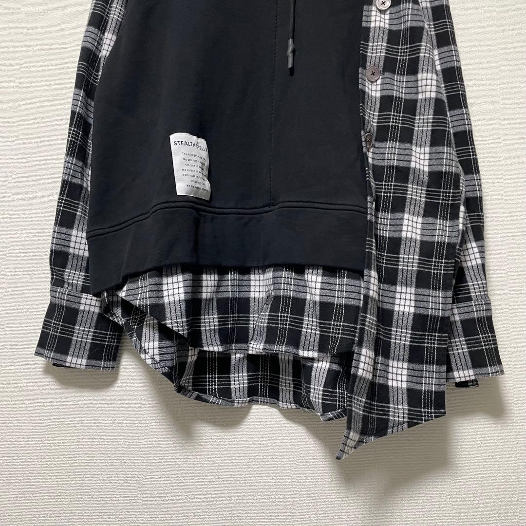 ステルスステラ 異素材ドッキングパーカー チェックシャツ アシンメトリー 黒