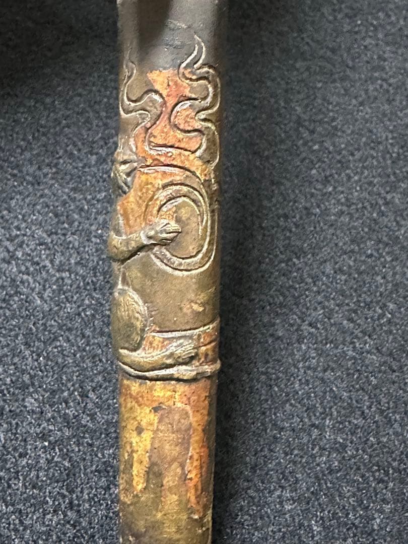 十手　鉄地　銅柄火鼠図彫り　十手　江戸時代　武具　A1