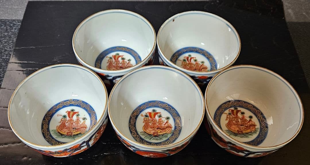 【珍品❗名品❗】明治時代　大聖寺伊万里　韃靼人と南蛮舟に花の図　ころ茶碗　ぐい呑