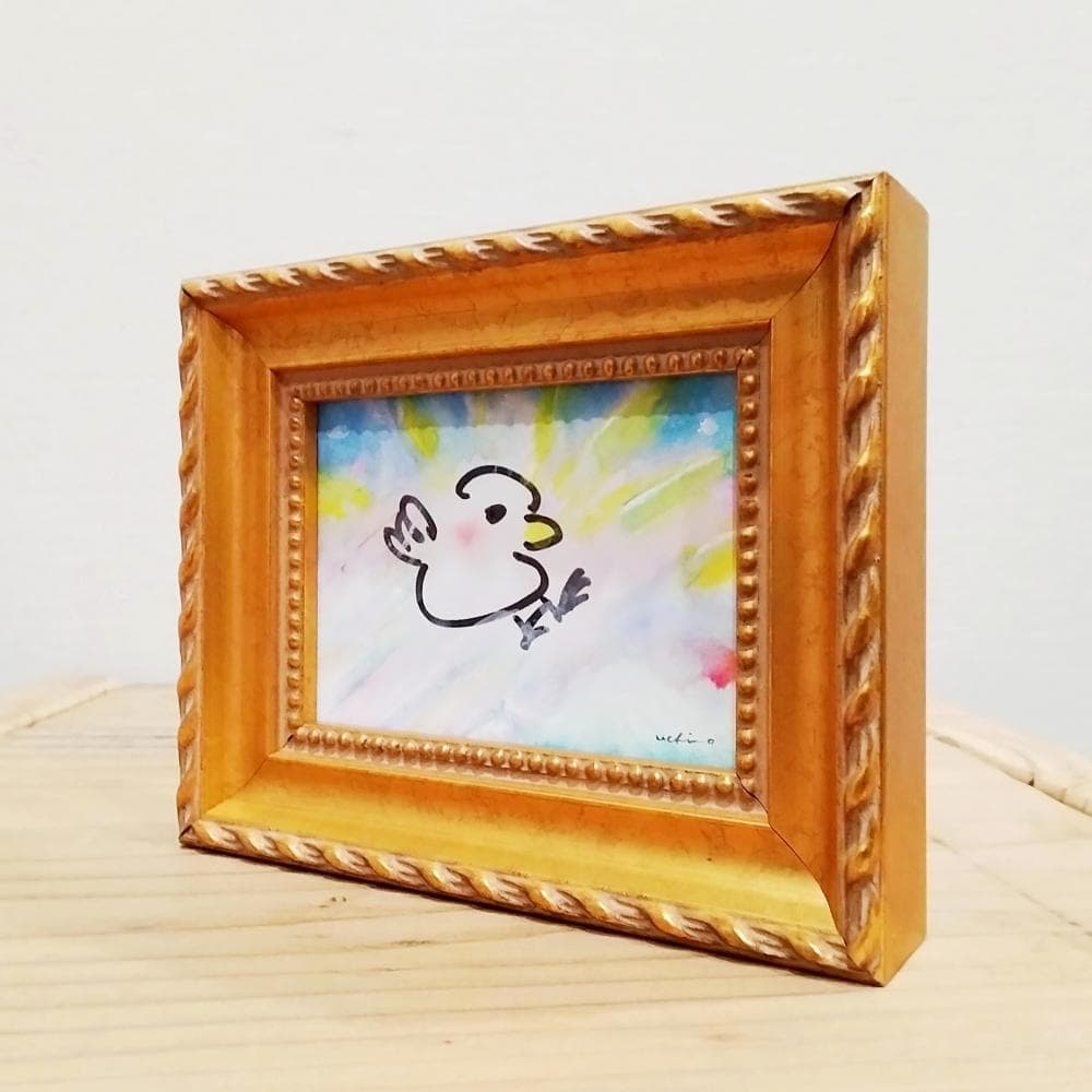 内野隆文　ぴょーん！　ドローイング　素描　鳥　カワイイ　現代アート　額縁　真作