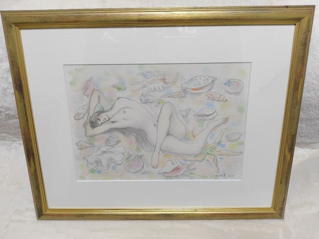 貝殻　水彩　5号大　作家 古沢岩美　パステル　裸婦　56×44