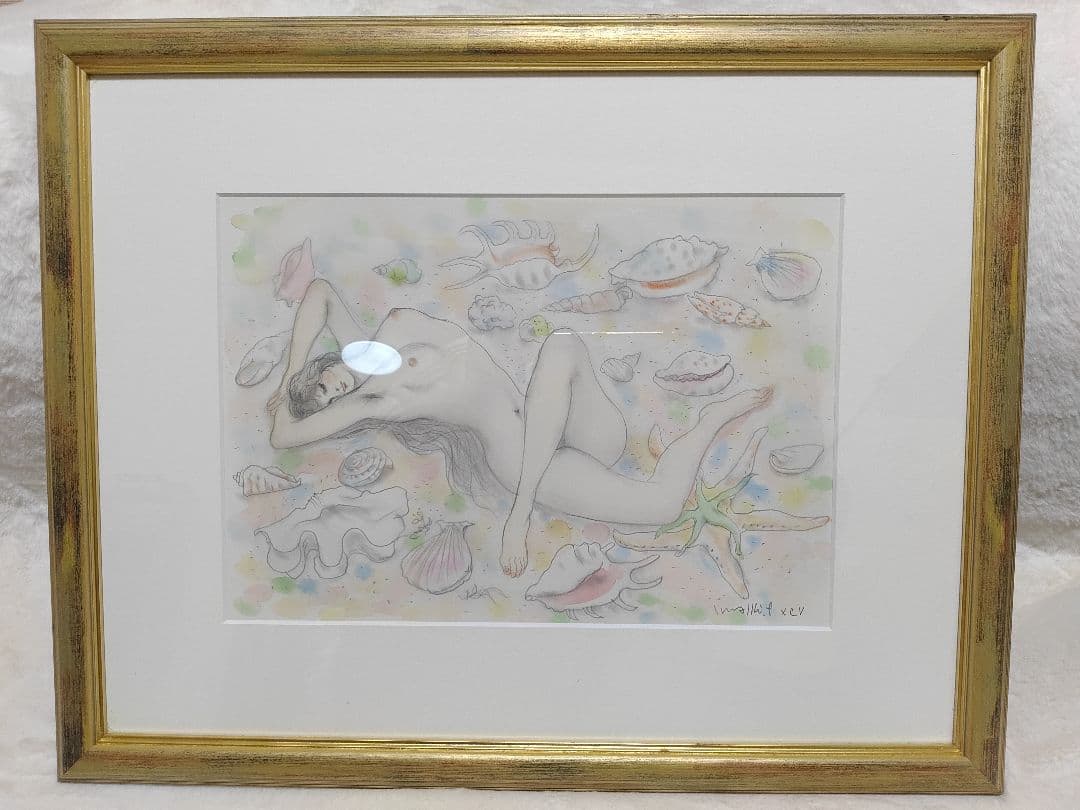 貝殻　水彩　5号大　作家 古沢岩美　パステル　裸婦　56×44