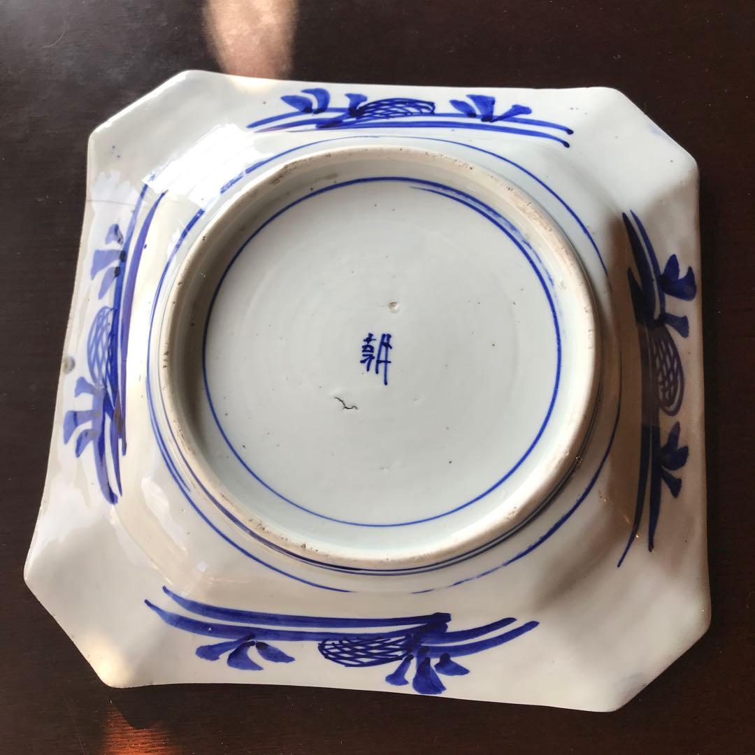 美品　古伊万里　陶器　年代物　盛り皿　角皿　八角絵皿　線画　山水の絵柄が素敵な