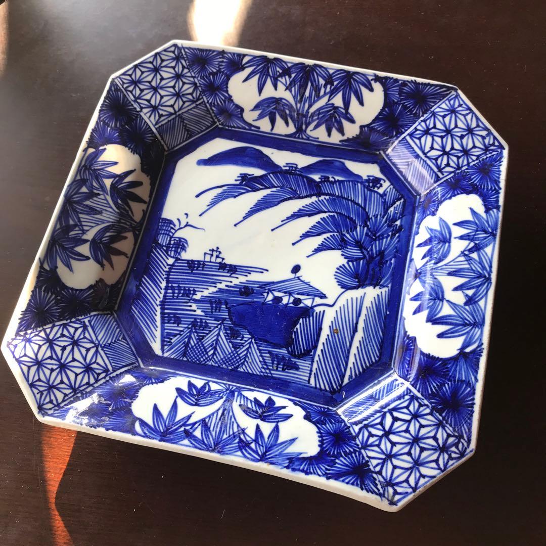 美品　古伊万里　陶器　年代物　盛り皿　角皿　八角絵皿　線画　山水の絵柄が素敵な