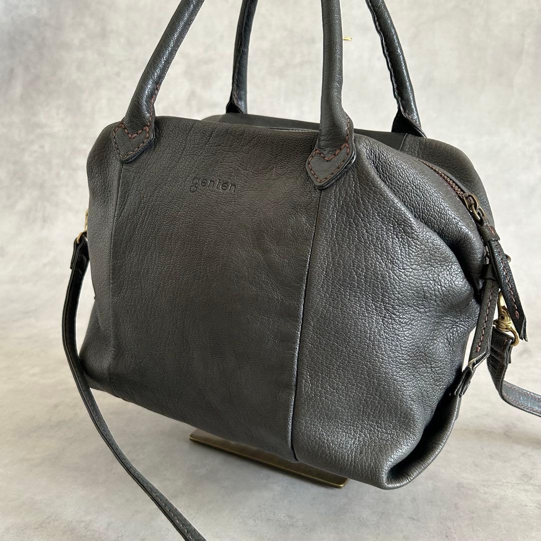 美品ゲンテン ショルダーバッグ 2way 山羊革 ゴートスキン ヌメボストン