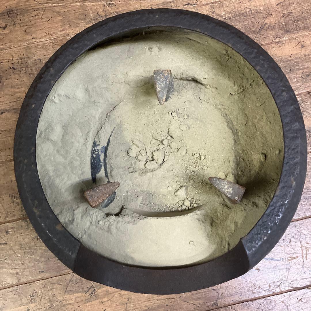 D-壁 昭和レトロ 茶道具 鉄製 風炉釜 丸型 共箱付き 釜環付き