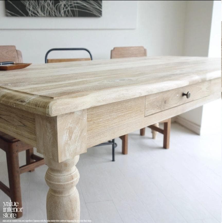 チーク ダイニングテーブル 180cm ナチュラルホワイト 無垢材