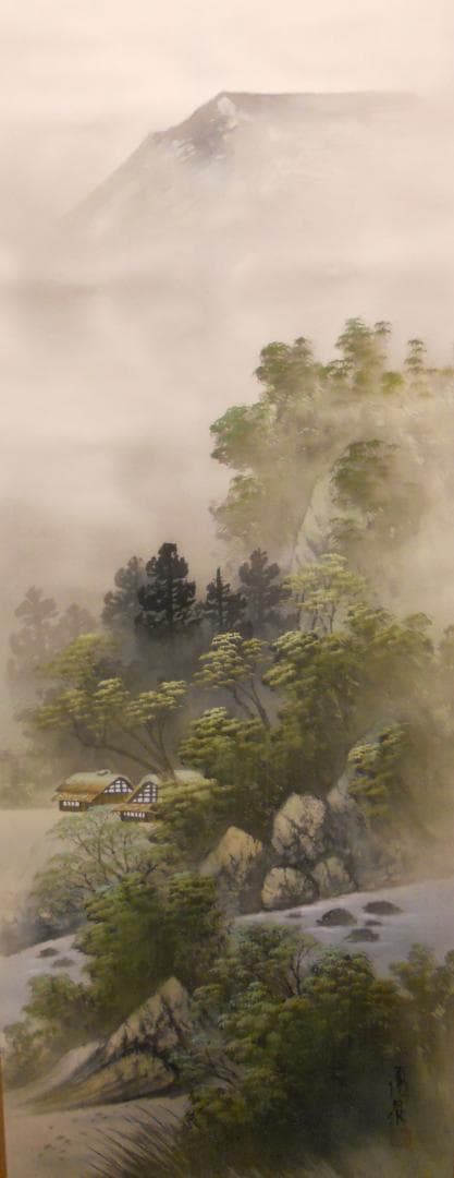 掛け軸 秀月 淡彩山水 絹本 希少 軸装 茶道具 掛軸 美品 です。