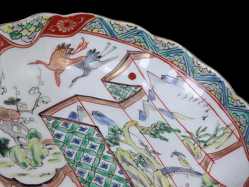 古伊万里 色絵 屏風図に双鶴の図 膾皿 5枚 D299AS-fbty